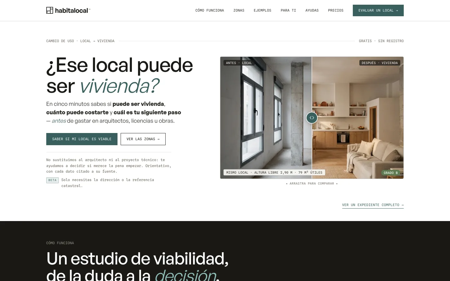 Portada de habitalocal.com: «¿Ese local puede ser vivienda?», con el antes y el después de un local reconvertido y su ficha de viabilidad.