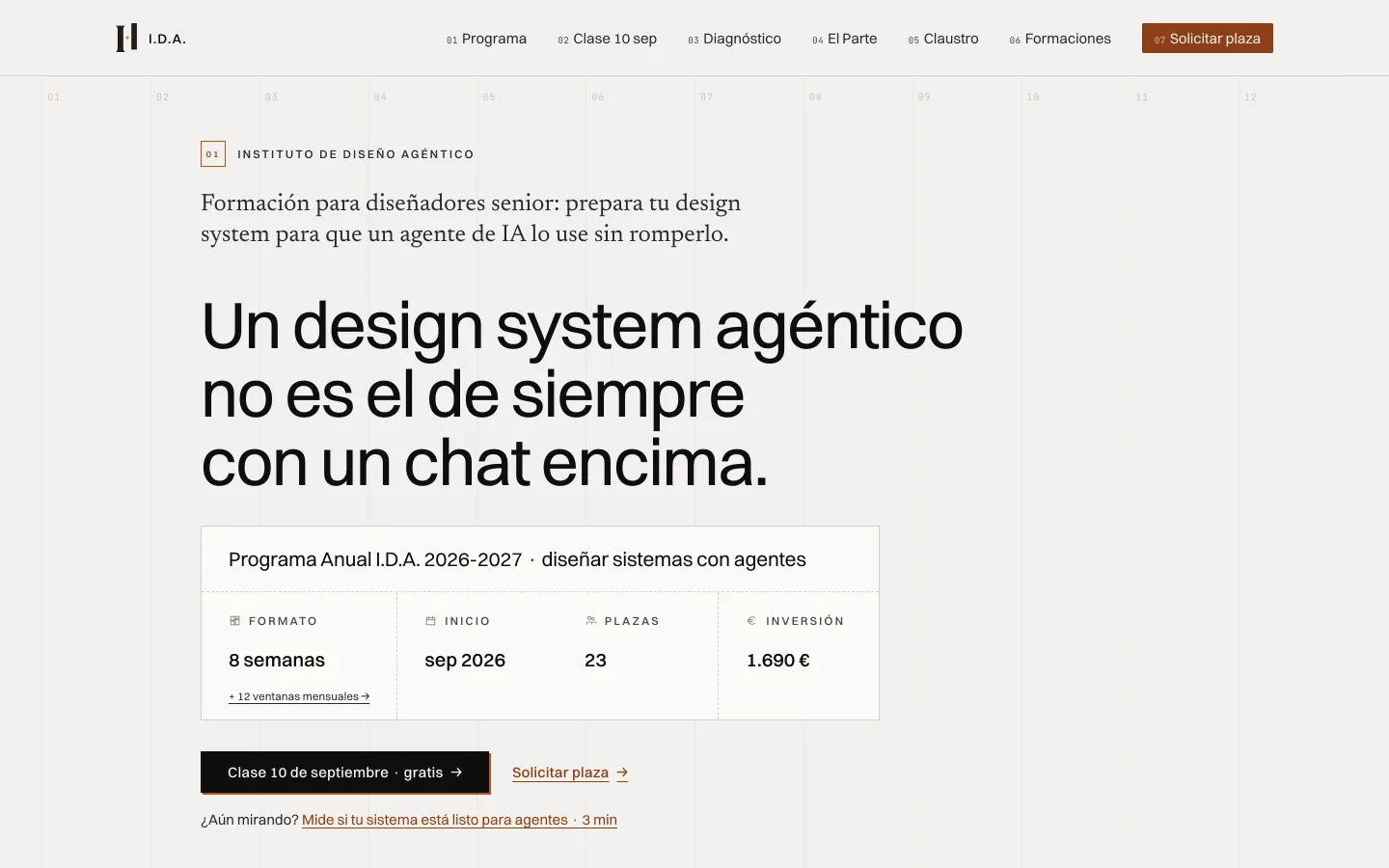 Portada de institutoagentico.com: «Un design system agéntico no es el de siempre con un chat encima», con la ficha del programa anual.