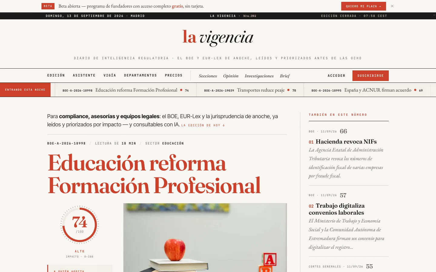 Portada de lavigencia.com con la edición del día: cabecera de diario, la pieza principal sobre reforma de Formación Profesional y el sumario lateral.
