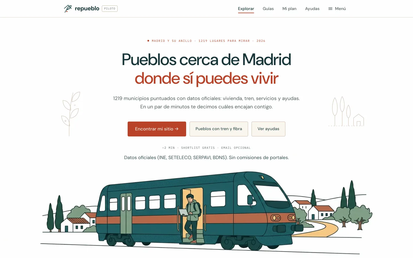 Portada de repueblo.com: «Pueblos cerca de Madrid donde sí puedes vivir», con una ilustración de un tren de cercanías y un pueblo.