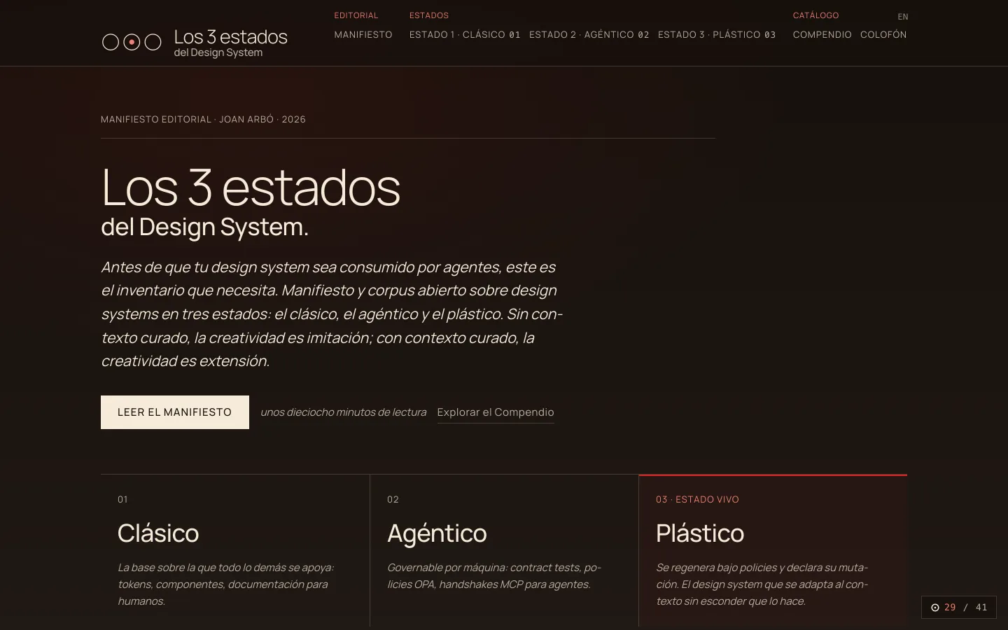 Portada del manifiesto de Tres Estados: «Los 3 estados del Design System», con las tres fichas —clásico, agéntico y plástico— debajo del texto.