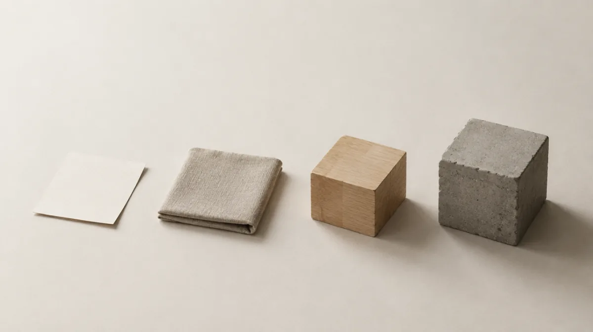Cuatro objetos en fila sobre fondo hueso, del más ligero al más pesado: una tarjeta de papel suelta, un lino doblado, un taco de roble y un bloque de microcemento. La sombra de cada uno pesa más que la del anterior.