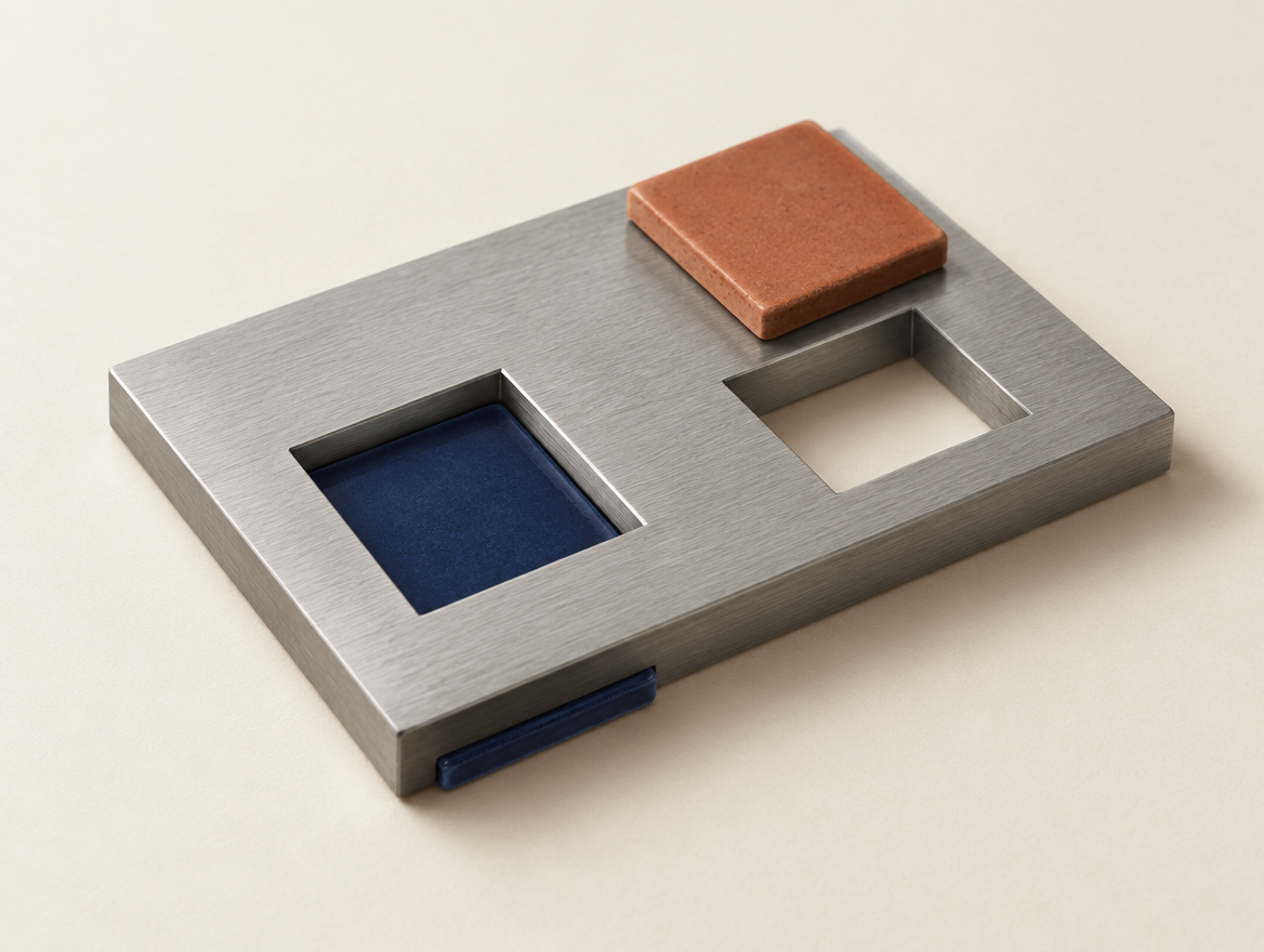 Una plantilla de acero cepillado con dos aberturas: por una pasa una pieza azul; sobre la otra descansa una pieza de terracota que no cabe.